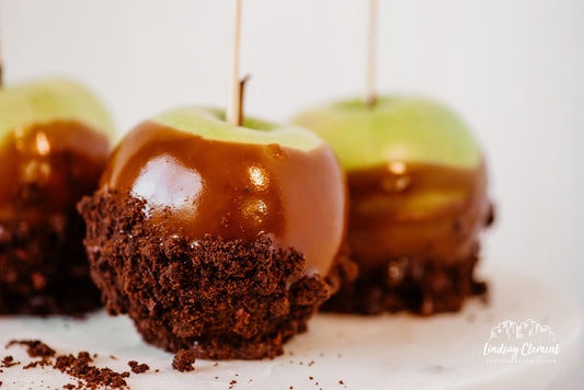 Caramel apples with cocoa nib shortbread crumble